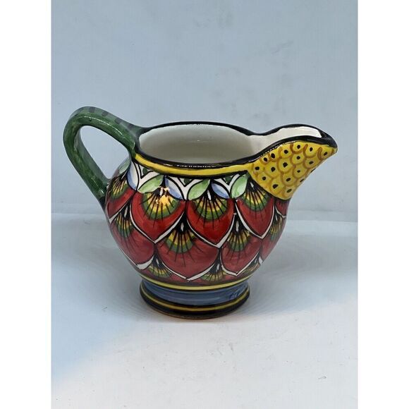 Geribi Deruta Italy Handpainted Peacock Design Small Creamer Red Green NWT - Picture 1 of 7